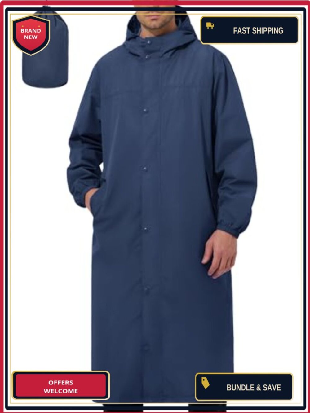 Waterproof Long Rain Jacket Men Ultra-Light Packable Windbreaker Poncho
